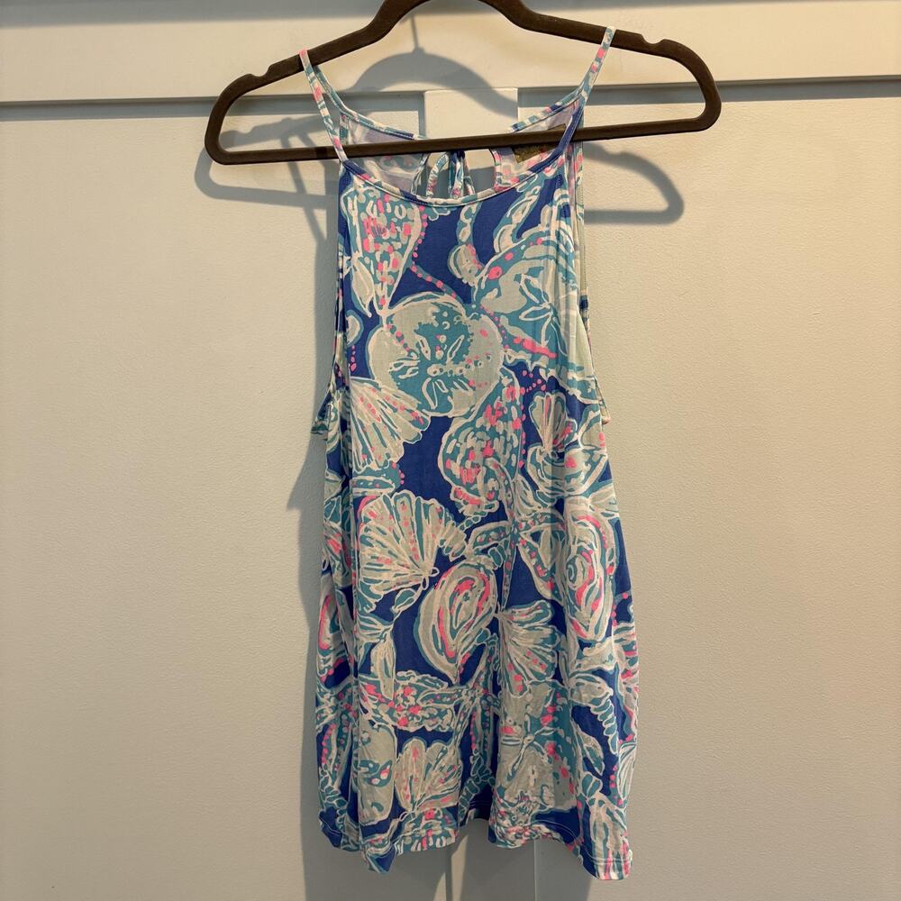 Lilly Pulitzer Essie Top‎ Women Large Blue Floral Tunic Keyhole Tassel Resort